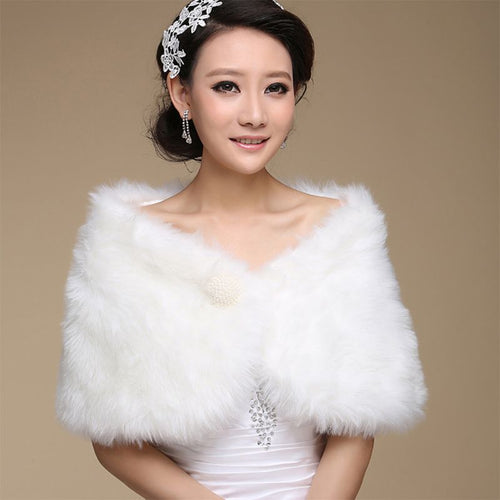 Womens Lady Artificial Fur Shawl Wrap White Shrug Off Shoulder Cape Pashmina With A Faux Pearl Ball Bridal Wedding Party Jacke