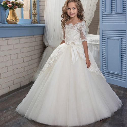 New Flower Girl Dresses Appliques Ball Gown Three Quarter O-neck First Communion Dresses Hot SaleVestidos Longo Custom Make